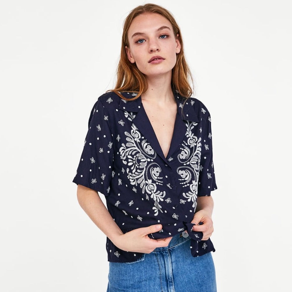 Zara Navy Blouse w/ Contrasting Embroidery